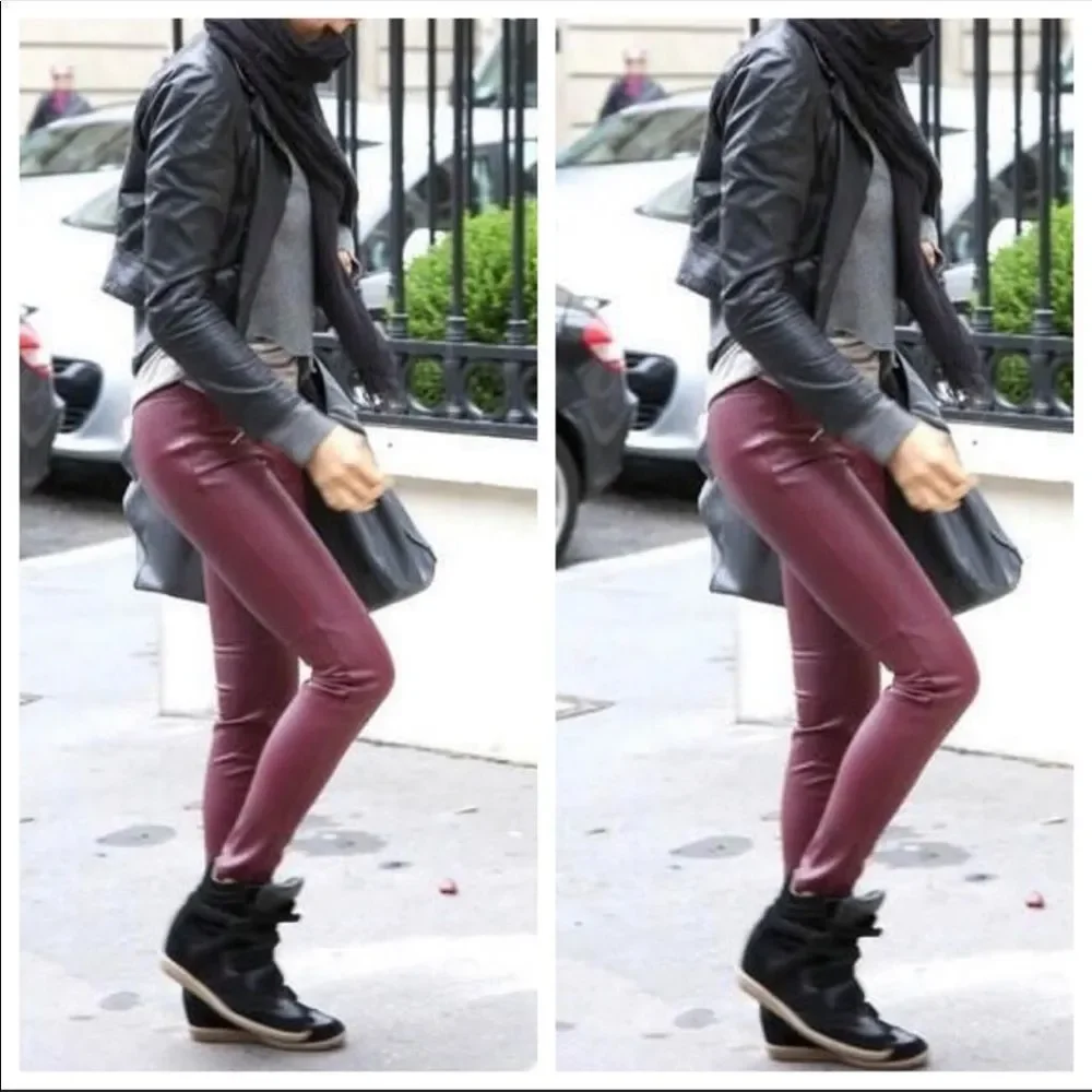 Maroon Vegan Leather Look Leggings - Picture 1 of 3